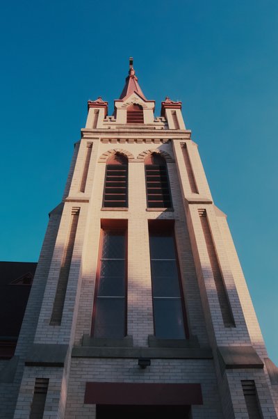 St Matthews Church in Kalispell, Montana at sunset.